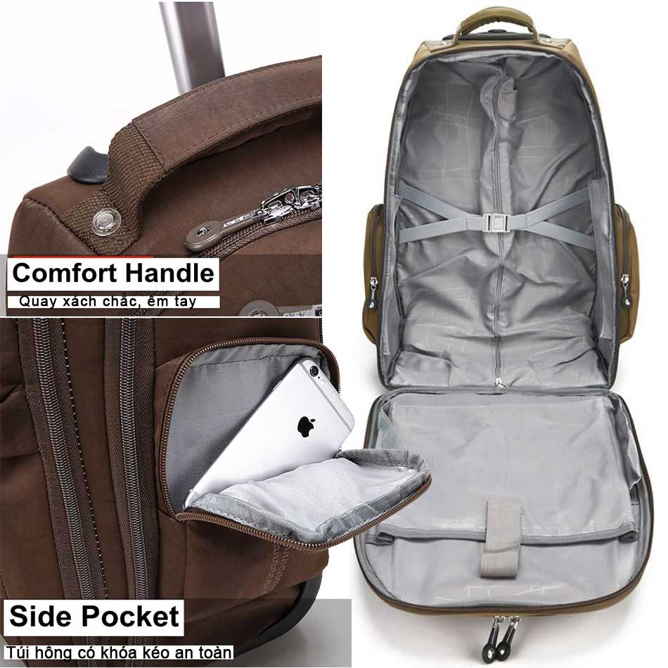 Balo kéo vải chống nước Balo kéo vải chống nước size 19 bánh xe tốt màu xanh rêu TM846