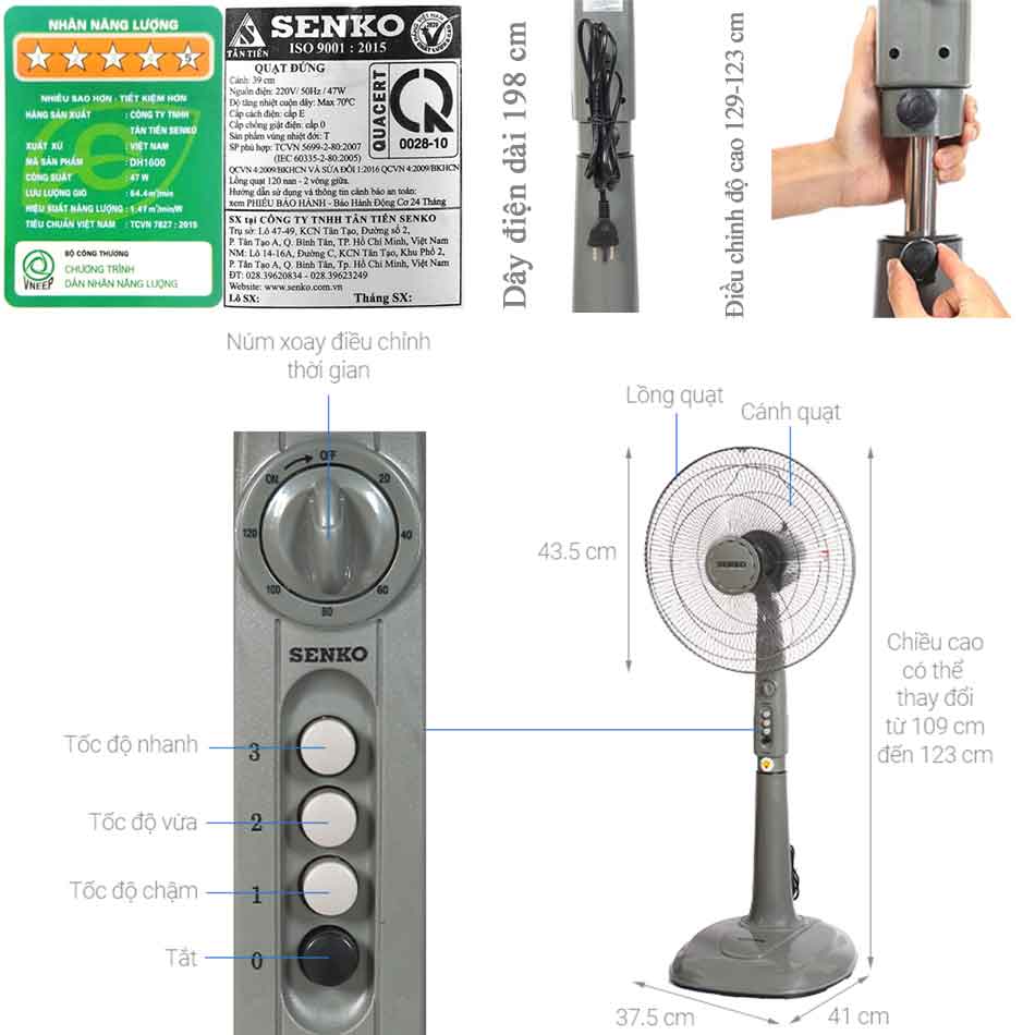 Quạt đứng Senko DH1600 47W có hẹn giờ 