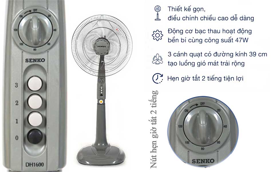 Quạt đứng Senko DH1600 47W có hẹn giờ (Giao hỏa tốc TP.HCM)
