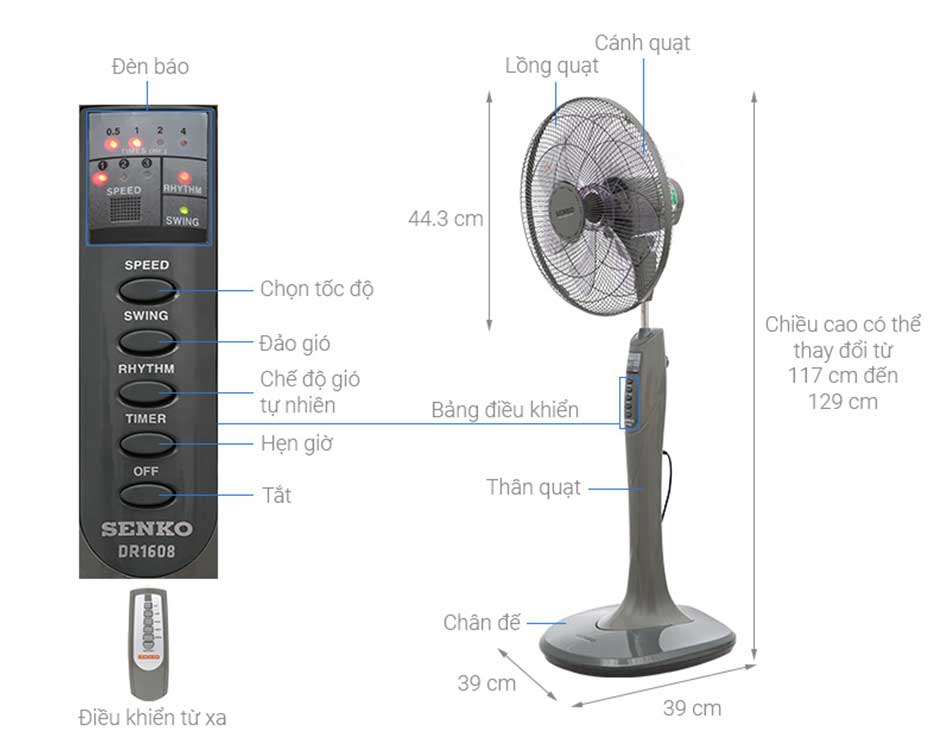 Quạt đứng Senko 7 cánh DR1608 65W có remote BH chính hãng 2 năm