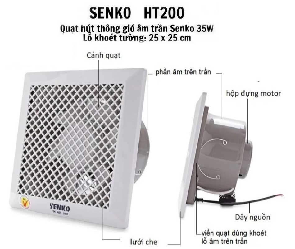 Quạt hút thông gió âm trần 1 chiều Senko HT200 35W