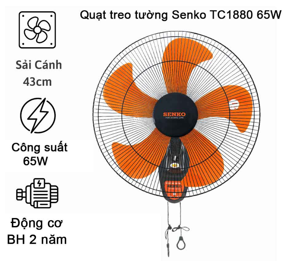 Quạt treo tường 5 cánh 2 dây Senko TC1880 65W