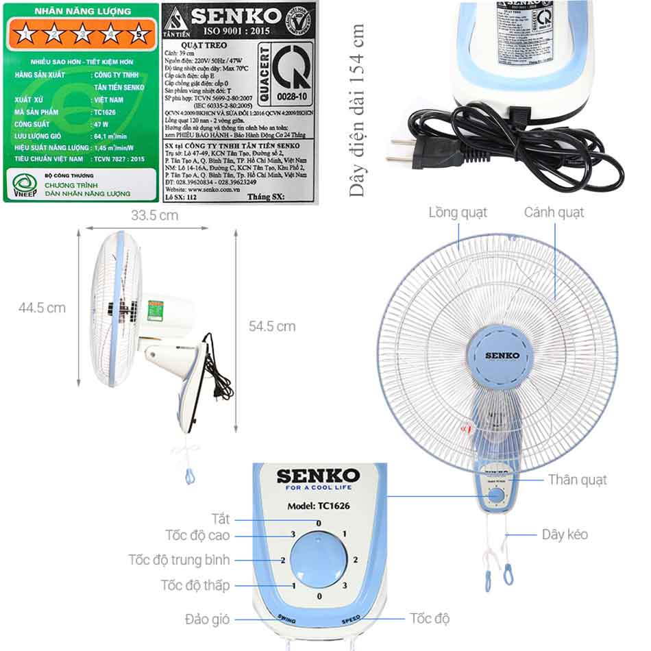 Quạt treo tường Senko 3 cánh 2 dây TC1626 47W