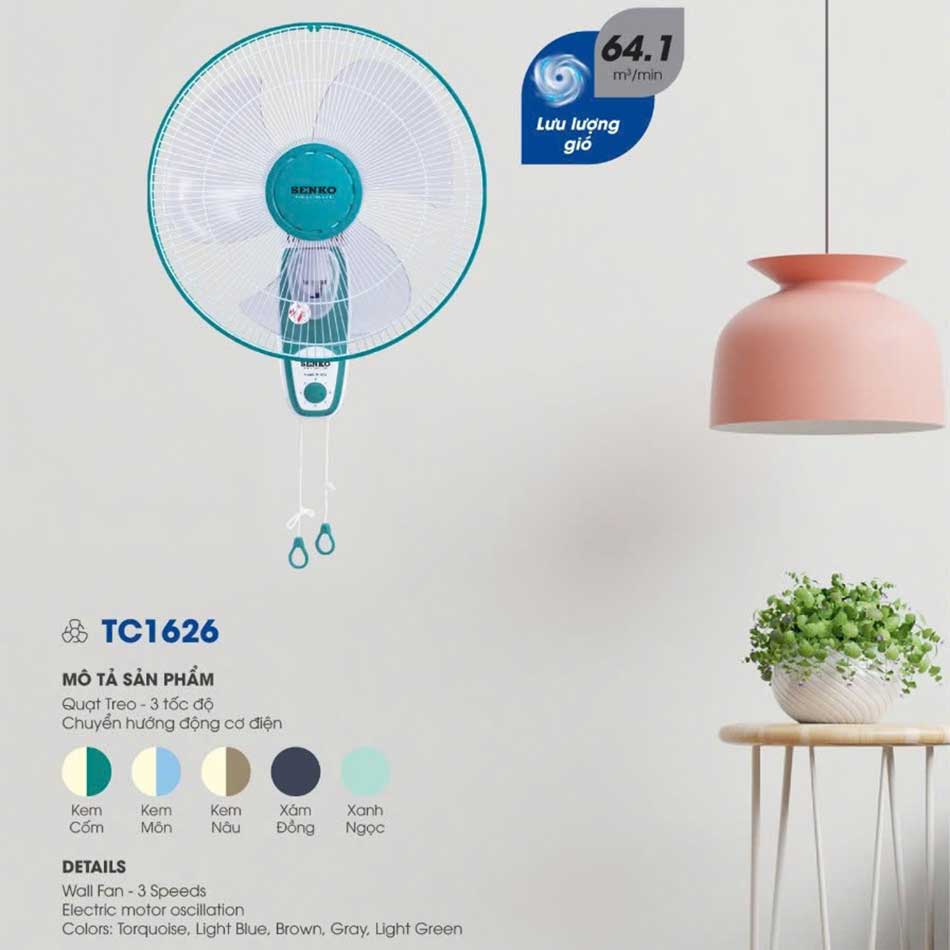 Quạt treo tường Senko 3 cánh 2 dây TC1626 47W